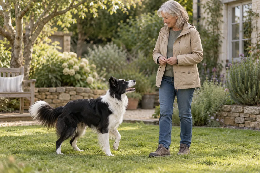 A border collie voluntarily checking in with an owner during quiet garden practice