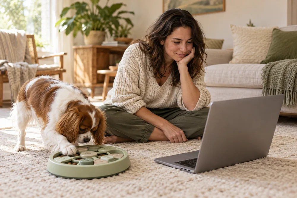 An adult consulting a laptop while a small dog explores an enrichment toy