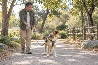A mixed-breed dog noticing a park distraction while its owner calmly offers a cue