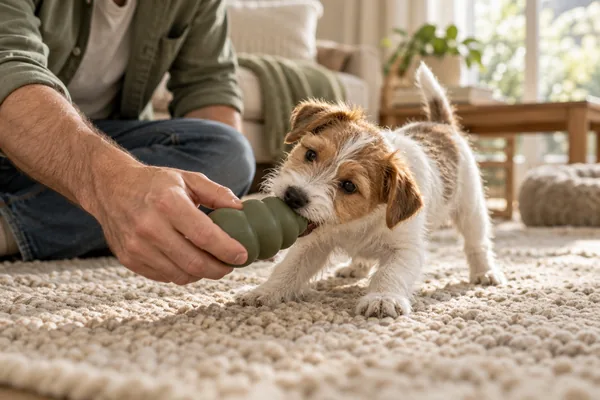 A terrier puppy redirected toward an appropriate chew toy by a calm adult