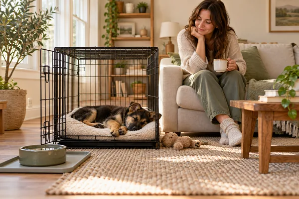 A shepherd-type puppy resting in an open crate beside its owner