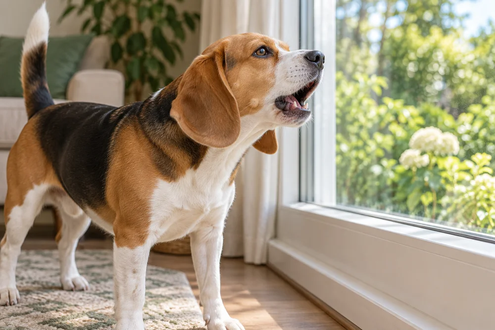 A beagle barking beside a living-room window