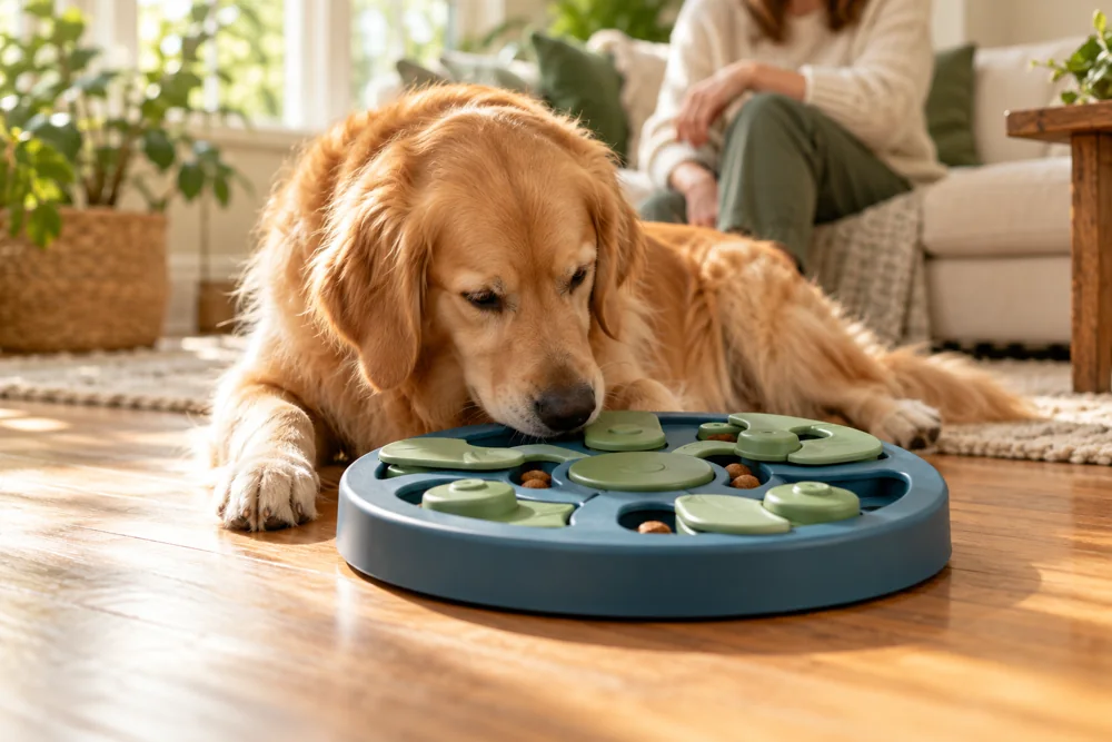 A golden retriever investigating a puzzle feeder with an adult nearby