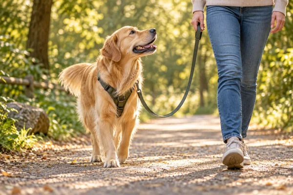 A golden retriever walking beside an owner on a visibly slack leash