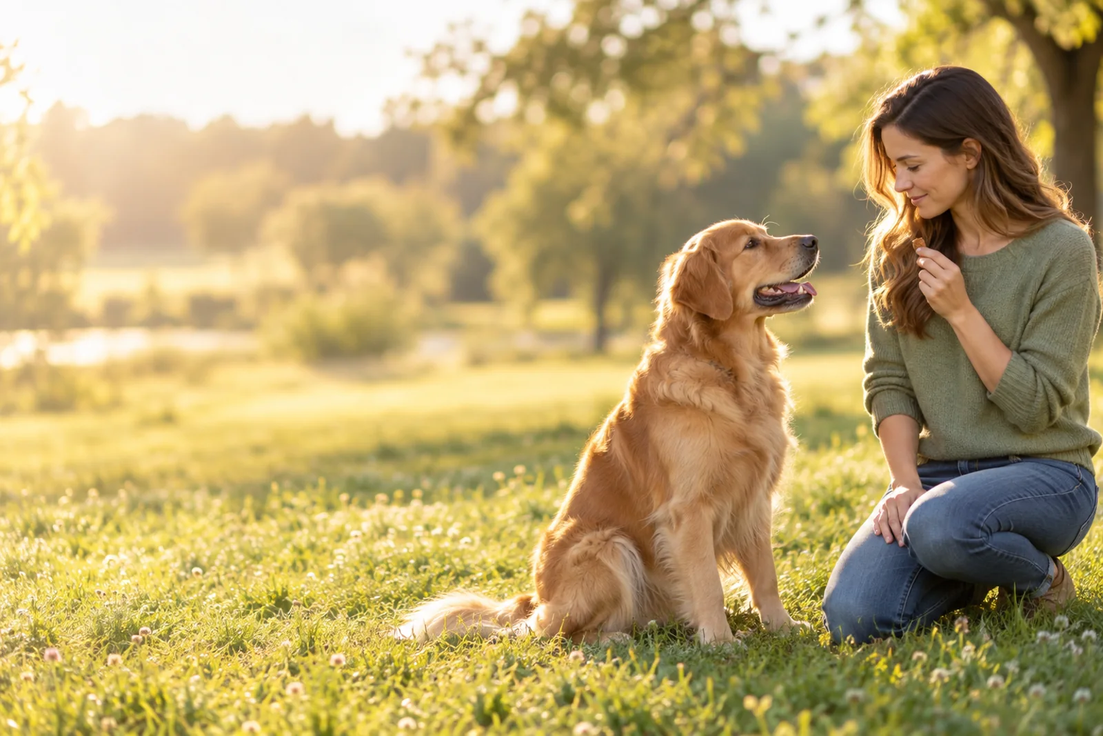 A woman practising a quiet reward-based moment with a golden retriever in a sunny park