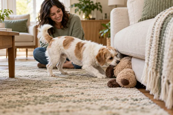 A small companion dog finding a partly hidden plush toy during a supervised search game