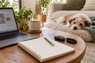 A notebook and laptop set up for self-paced learning with a dog resting nearby