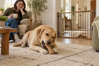 A Labrador using an appropriate chew while a slipper remains safely out of reach