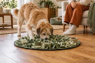 A mixed-breed dog searching a snuffle mat with an adult nearby