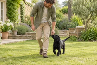A black Labrador puppy following an owner’s hand during a gentle first lesson