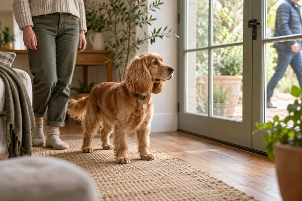 A cocker spaniel noticing a passerby from a comfortable distance inside the home