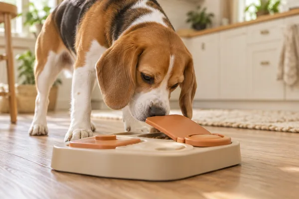 A beagle investigating a sturdy enrichment feeder with its nose