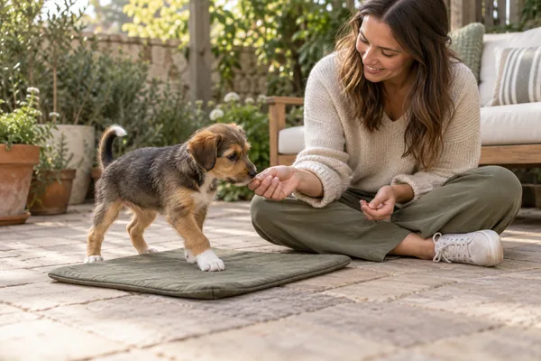 A mixed-breed puppy stepping onto a mat during a gentle first lesson