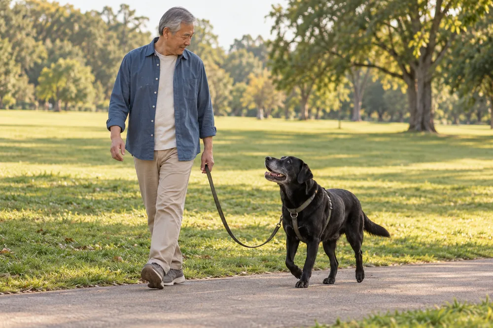 A black Labrador checking in with its owner while walking on a clearly slack leash