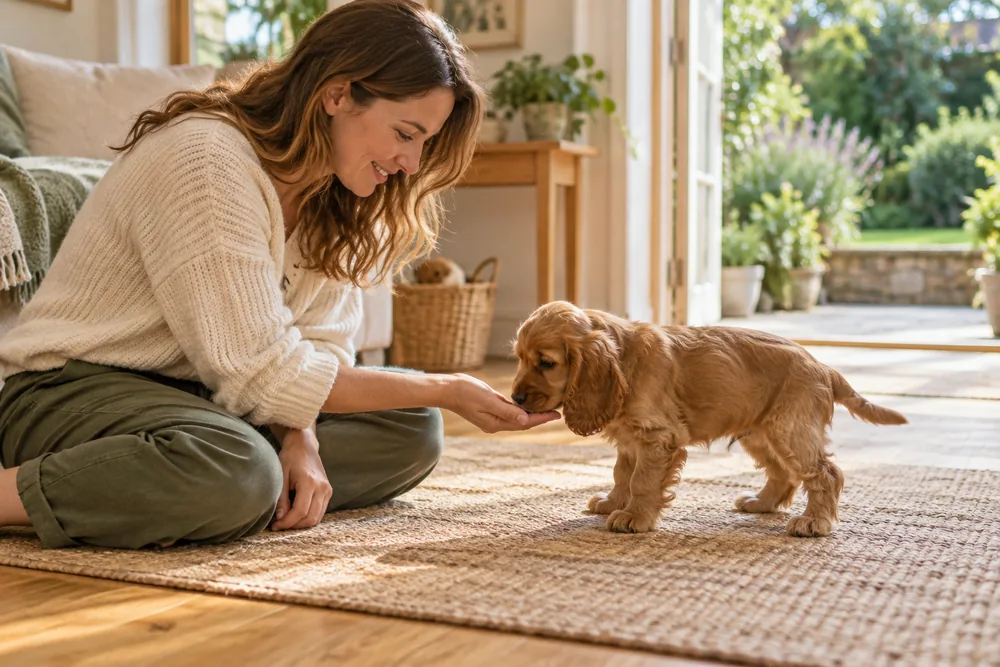 A cocker spaniel puppy exploring an owner’s open hand during an early lesson