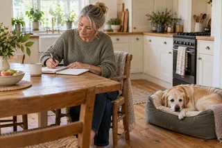 An owner recording a practice plan while a senior Labrador rests nearby