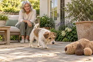 A terrier finding a familiar toy during an easy garden search game